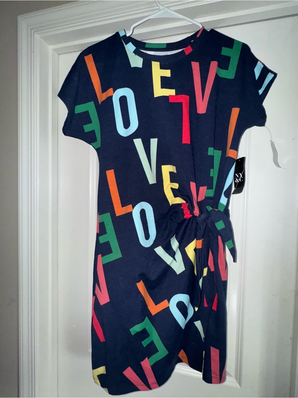 Women's Navy Multicolor 'LOVE' Print Tie-Waist Casual Dress